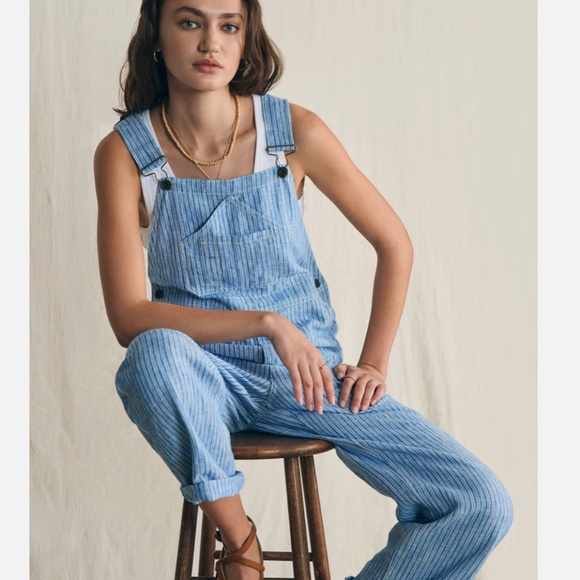 FAHERTY Linen Topsail Railroad Blue Stripe Mechanic Overalls Straight Leg Large - Picture 1 of 14